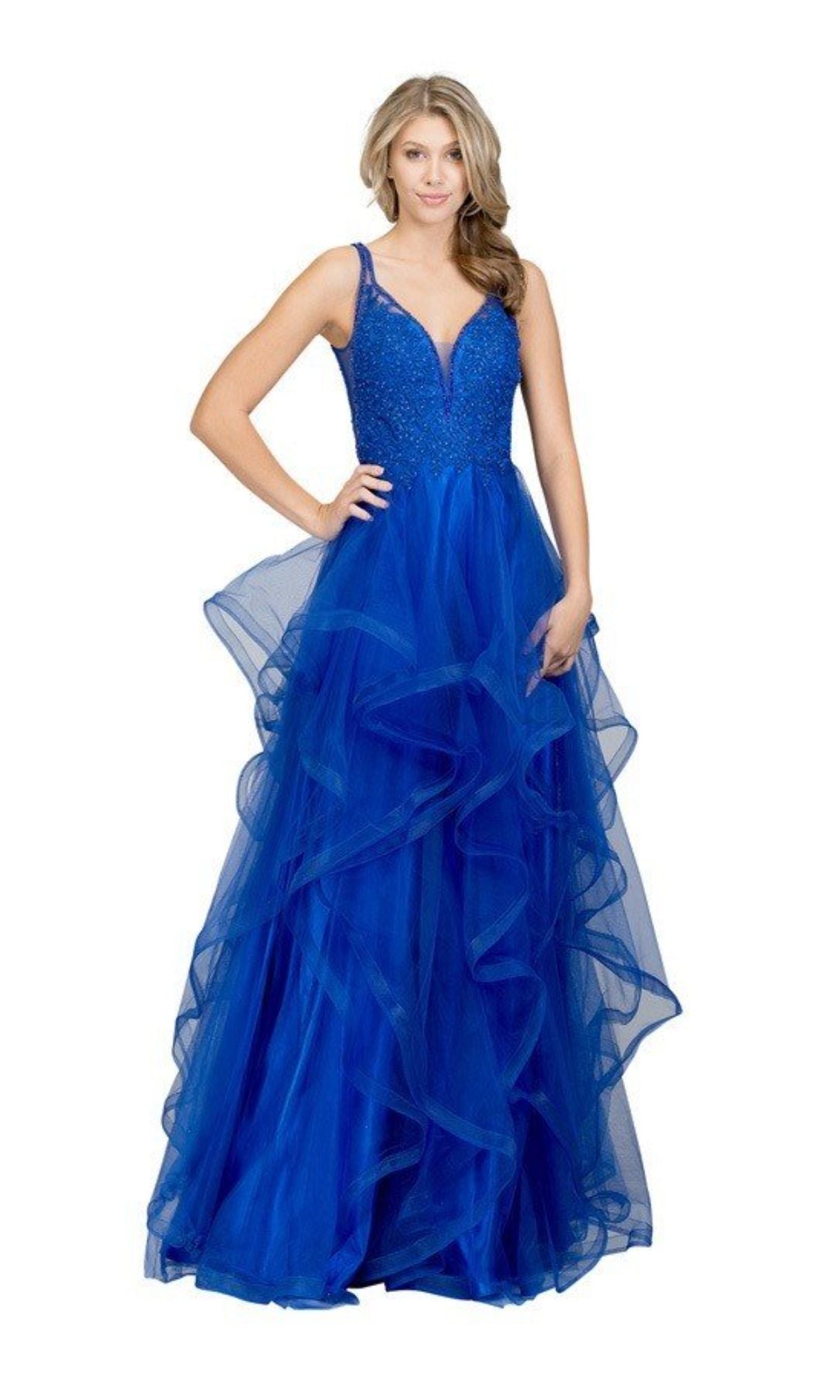 A woman models the Sheer-Sides Long Tiered Prom Dress (Chicas XR6006), a floor-length royal blue gown with a fitted bodice and layered tulle skirt, standing against a white background.
